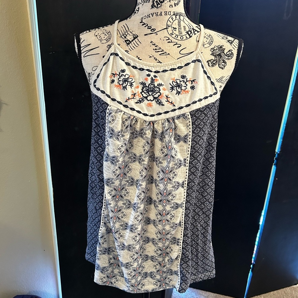 Xhilaration Blue and White Embroidered Bib Collar Tank Top